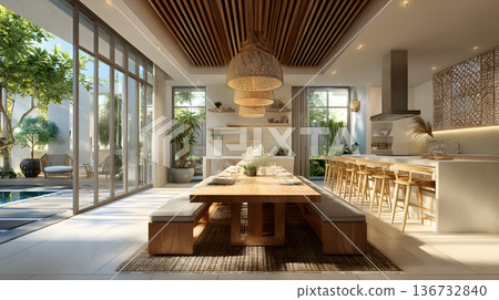 Open tropical house dining area natural breeze daylight 3D rendering 136732840