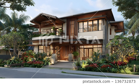 Tropical resort style house exterior residential design 3D rendering 136732873