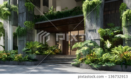 Tropical modern facade with vertical greenery 3D rendering 136732913