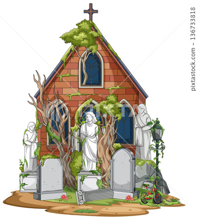 Abandoned Brick Chapel With Overgrown Cemetery Statues 136733818