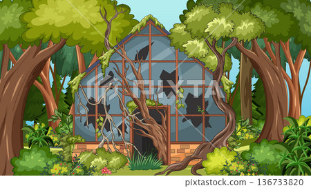 Abandoned Glass Greenhouse Overtaken by Dense Forest Vines 136733820