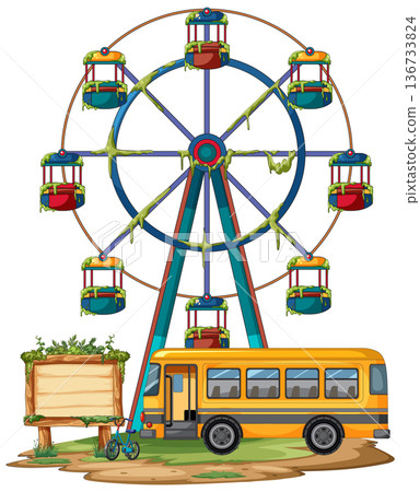 Abandoned Ferris Wheel and School Bus in Overgrown Park Abandoned Ferris Wheel and School Bus in Overgrown Park 136733824