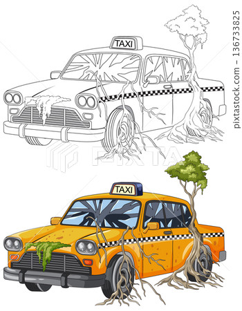 Abandoned Yellow Taxi Overgrown by Tree Roots Illustration 136733825