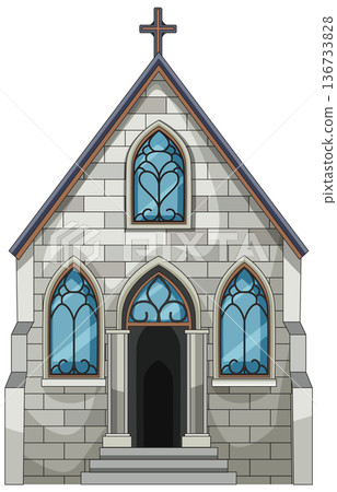 Gothic Stone Church Facade with Stained Glass Windows 136733828