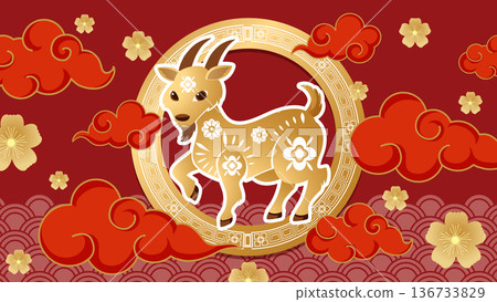 Chinese Zodiac Goat Illustration with Red Clouds and Gold Flowers 136733829