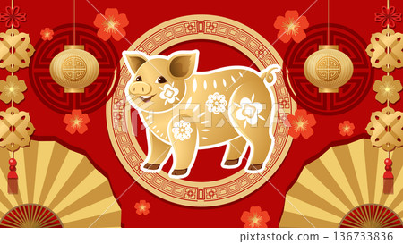 Golden Chinese Zodiac Pig Illustration with Traditional Red and Gold Background Golden Chinese Zodiac Pig Illustration with Traditional Red and Gold Background 136733836