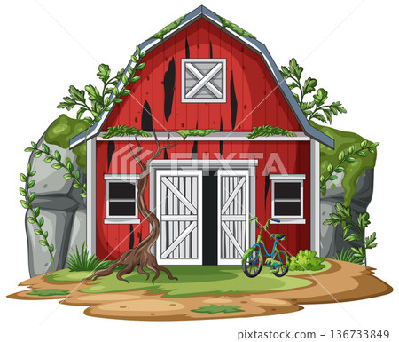 Abandoned Red Barn Overgrown With Vines and Vegetation Abandoned Red Barn Overgrown With Vines and Vegetation 136733849