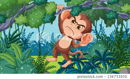 Angry Cartoon Monkey Hanging From Jungle Tree Branch 136733850