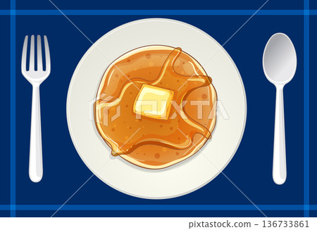Stack of Pancakes with Syrup and Butter on Plate 136733861