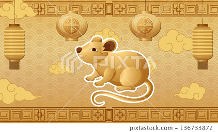 Golden Chinese Zodiac Rat Illustration with Traditional Lanterns and Clouds 136733872