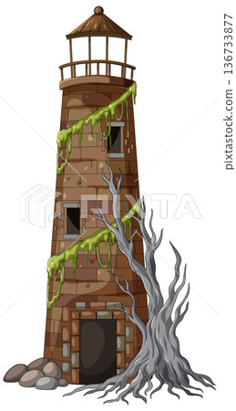Abandoned Brick Lighthouse with Dead Tree and Moss Abandoned Brick Lighthouse with Dead Tree and Moss 136733877