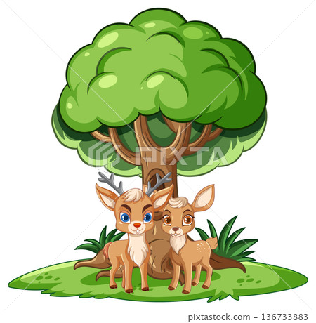 Two Cartoon Deer Standing Under a Green Tree 136733883