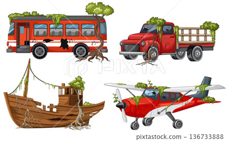 Abandoned Vehicles Overgrown With Trees and Moss Abandoned Vehicles Overgrown With Trees and Moss 136733888