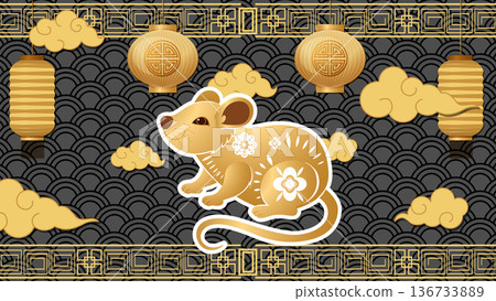 Golden Chinese Zodiac Rat Illustration with Lanterns and Clouds Background Golden Chinese Zodiac Rat Illustration with Lanterns and Clouds Background 136733889