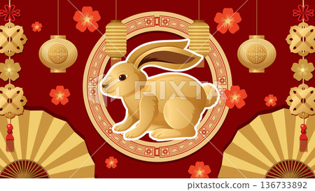 Chinese Zodiac Rabbit Illustration with Traditional Lanterns and Golden Fans Chinese Zodiac Rabbit Illustration with Traditional Lanterns and Golden Fans 136733892