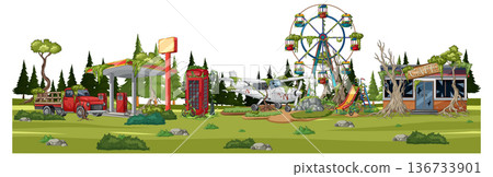 Abandoned Rural Amusement Park With Gas Station And Plane Abandoned Rural Amusement Park With Gas Station And Plane 136733901