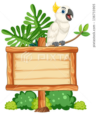 Cartoon Cockatoo on Wooden Jungle Sign with Foliage 136733905