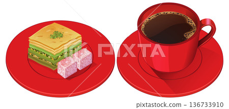 Turkish Coffee with Baklava and Turkish Delight on Red Plates 136733910
