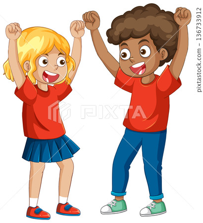 Two Happy Children Cheering with Arms Raised in Celebration Two Happy Children Cheering with Arms Raised in Celebration 136733912