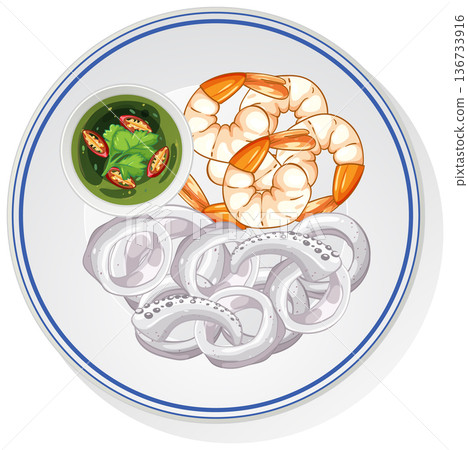 Boiled Shrimp and Squid with Spicy Green Dipping Sauce 136733916