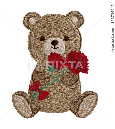 【泰迪熊手捧康乃馨】手工刺繡插畫素材 136734045