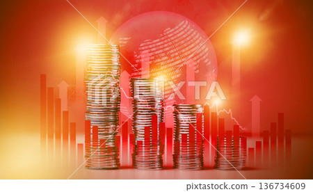 Stock market rises with coins and a digital globe showing trends of investment growth 136734609
