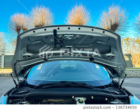Car hood is open and engine area is visible during daytime at a parking area with trees in the background 136734650
