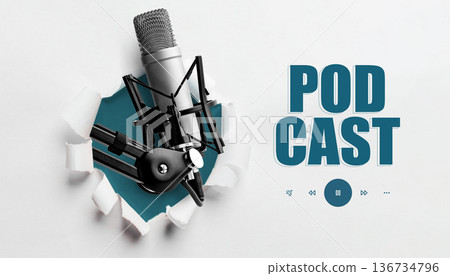 Podcast microphone breaks through wall in creative design promoting audio content 136734796