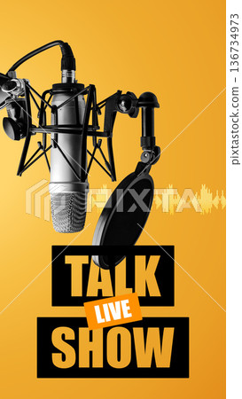 Podcast recording studio with microphone and visual sound wave design in background 136734973
