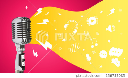 Podcast microphone with sound elements and colorful background Podcast microphone with sound elements and colorful background 136735085