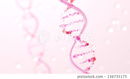 美容科學的抽象CG圖像，其中玻璃管和水滴結合形成粉紅色的雙螺旋結構。 136735175