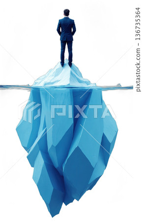 A male CEO in iceberg blue, standing on a floating iceberg made of archived deals, symbolizing the vast unseen work 136735364