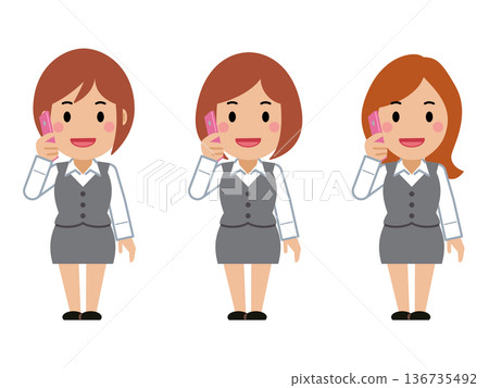 一位身穿灰色職業裝的年輕女子正在用智慧型手機打電話 136735492