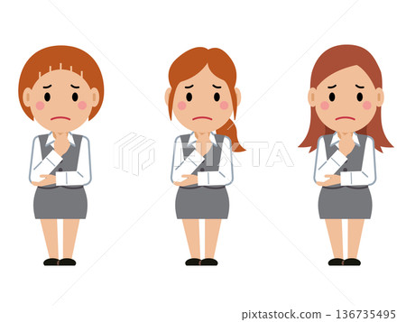 A worried face with her hand on her chin. A young woman in a gray office uniform. Part 2 A worried face with her hand on her chin. A young woman in a gray office uniform. Part 2 136735495