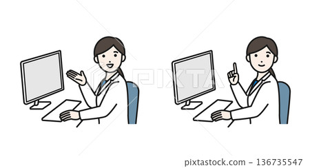 A woman in a white coat facing a computer A woman in a white coat facing a computer 136735547