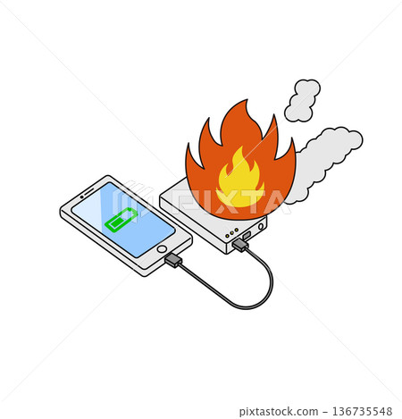 Illustration of a mobile battery catching fire while charging, causing flames and smoke 136735548