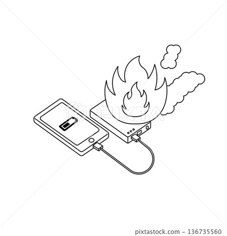 Black and white line drawing of a mobile battery and smartphone that caught fire while charging 136735560
