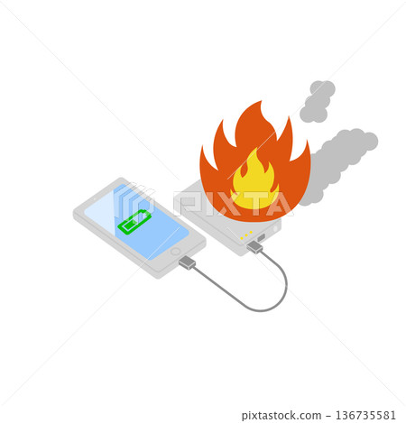 圖示：一部沒有主線的手機電池和智慧型手機在充電時起火 136735581
