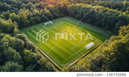 Soccer field grass marking ball nature stadium aerial sunrise forest Soccer field grass marking ball nature stadium aerial sunrise forest 136735698
