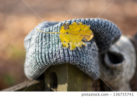 Cozy Gray Knit Sweater With Yellow Autumn Leaf Cozy Gray Knit Sweater With Yellow Autumn Leaf 136735741