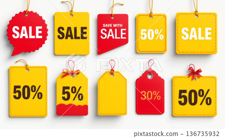 Sale discount price tag promotion label shopping percent retail yellow red hanging tag excited sale discount price tag promotion label shopping 136735932
