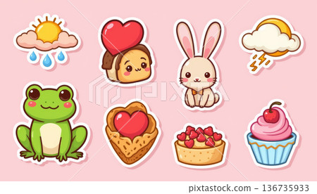 Cute sticker set heart toast bunny frog waffle tart cupcake dessert kawaii fun playful illustration 136735933