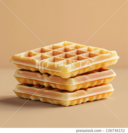 Waffle breakfast dessert stack food golden snack bakery square waffle stack breakfast dessert food golden snack bakery treat on beige background 136736152