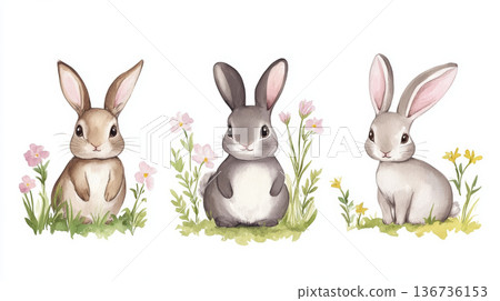 Cute bunny illustration watercolor rabbit cartoon style flower meadow spring art 136736153