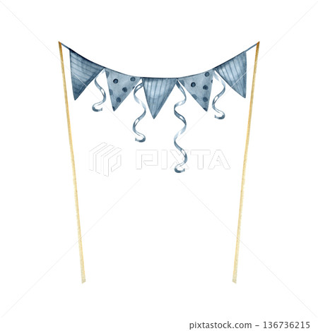 Hand-painted watercolor cake topper illustration featuring blue bunting flags on wooden skewers. Decorated with polka dots, stripes, and delicate ribbons, this charming decor is perfect for birthdays 136736215