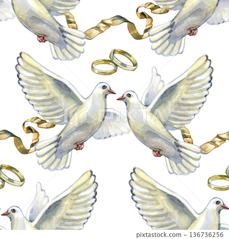 Beautiful watercolor seamless pattern with white doves, golden wedding rings, and silk ribbons. A romantic hand-painted design symbolizing love and peace, perfect for bridal stationery and textiles. 136736256