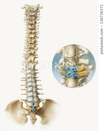 Medical and scientific diagram of human spine from cervical vertebrae to pelvis, with enlarged inset showing healthy intervertebral disc between lumbar vertebrae and exiting nerve roots 136736371