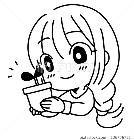 Line drawing illustration of a woman growing plants 136736731
