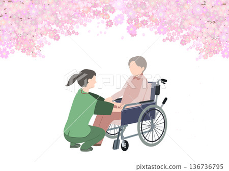 一幅插圖,描繪了一位坐在輪椅上的老人和他的護理人員在盛開的櫻花樹下交談。 一幅插圖,描繪了一位坐在輪椅上的老人和他的護理人員在盛開的櫻花樹下交談。 136736795