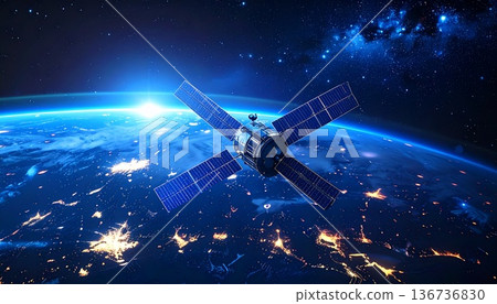 Illustration of an artificial satellite operating in Earth orbit (space communication technology) 136736830